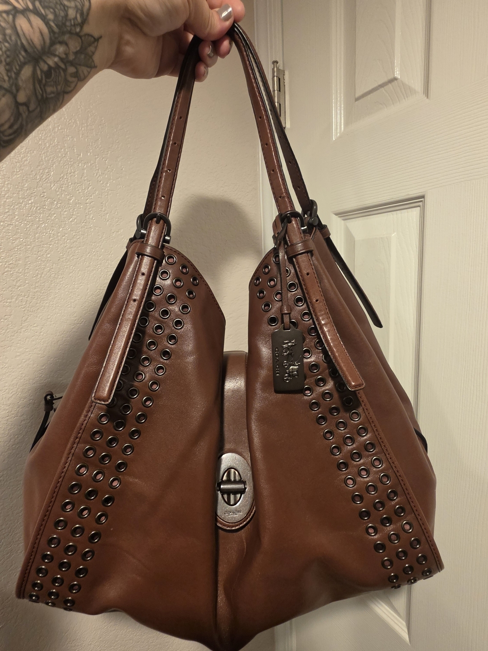 Coach Brown Leather Studded Hobo Bag